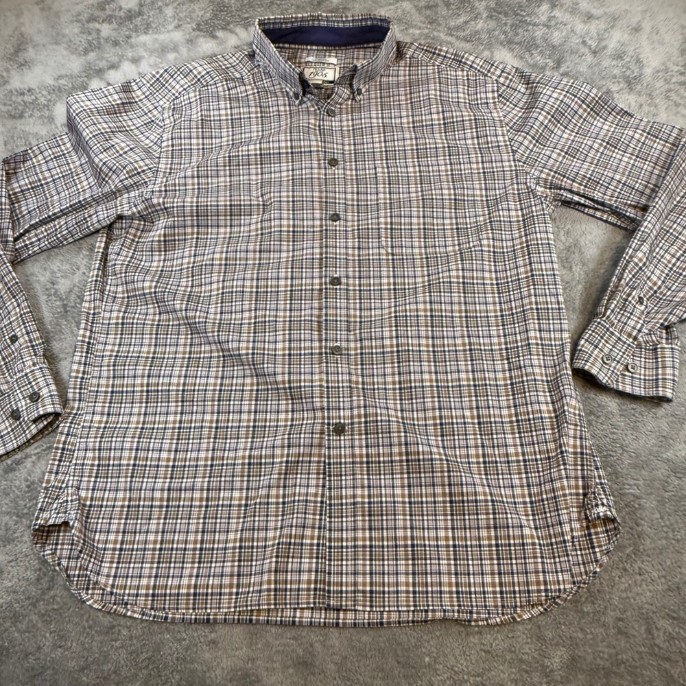 Jos A‎ Bank 1905 Mens Tailored Fit Plaid Shirt Brown Blue Stretch Brrr Comfort L